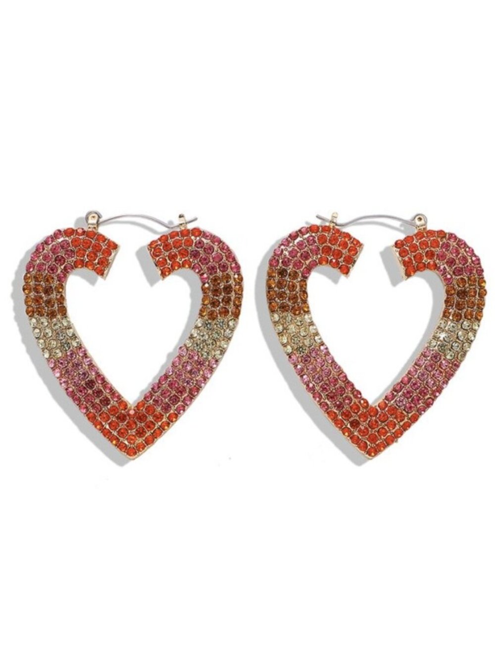 Large Hoop Heart Pink Red Rhinestone Earrings